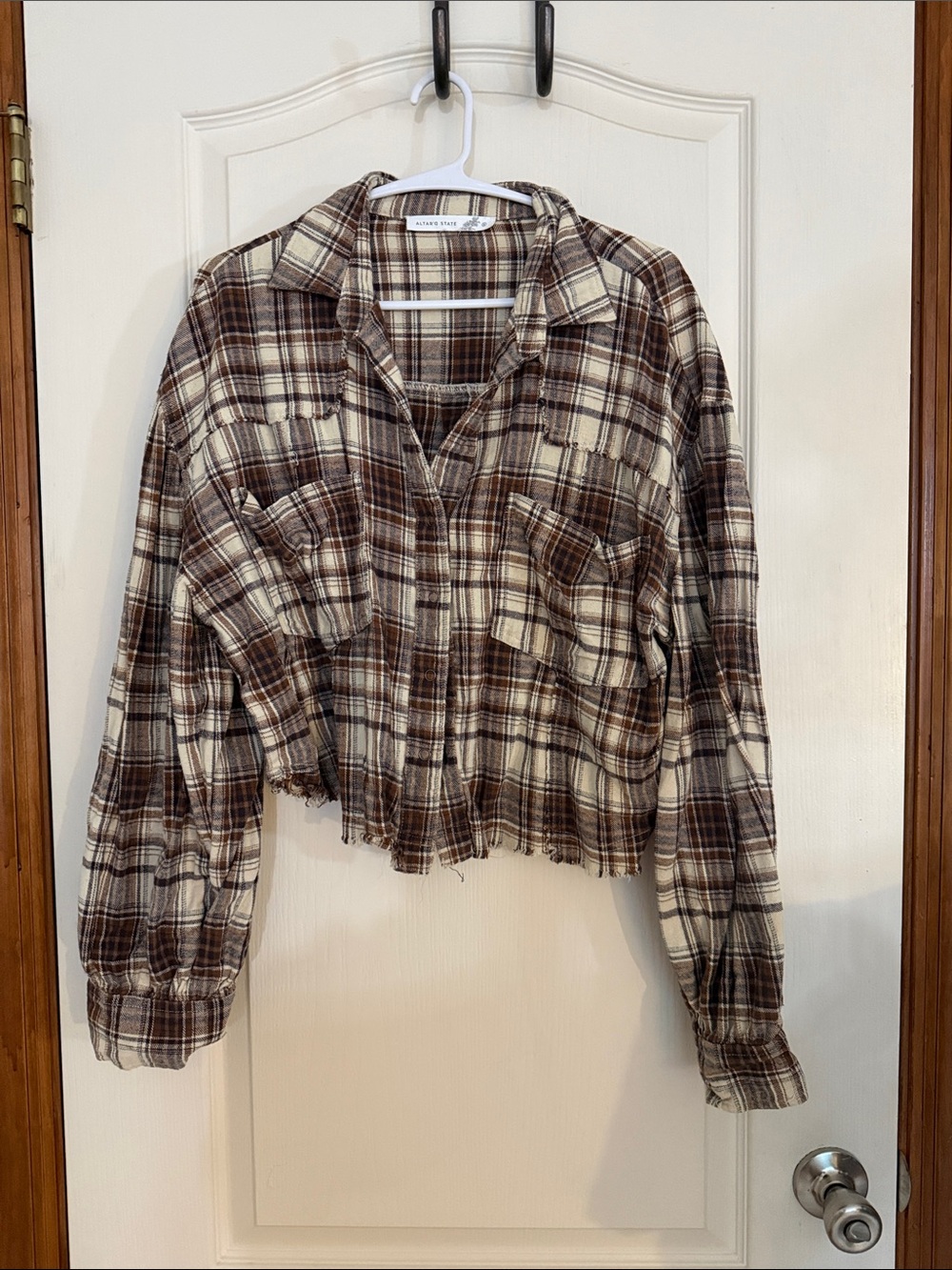Altar'd State Brown and Cream Plaid Cropped Button-Up